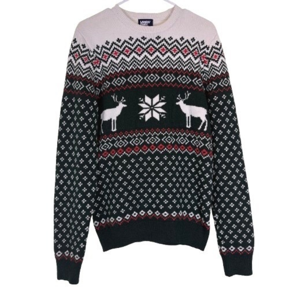 Lands End Christmas Sweater Fair Isle Reindeer Snowflake Holiday Mens Small